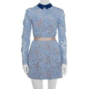 Self-Portrait Peony Lace Mini Dress w/ Navy Leather collar and pockets sz US 4